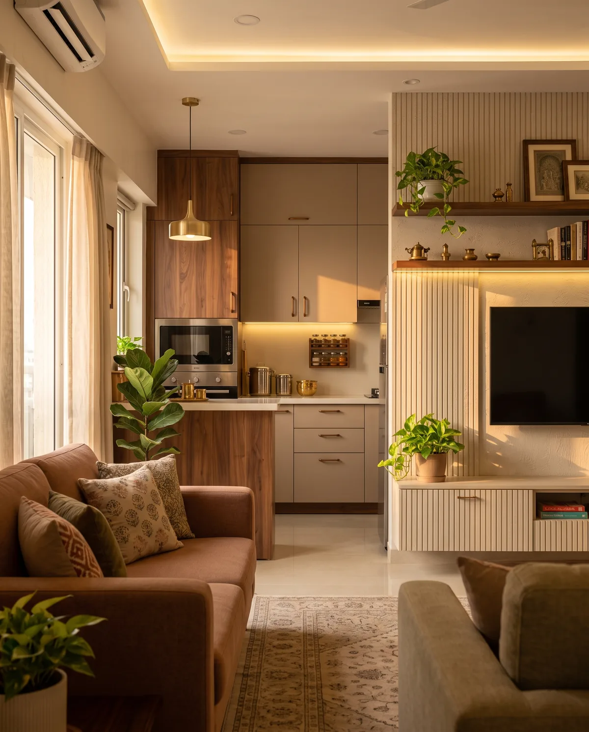 Warm, personalized living and kitchen interior for KNB Signature